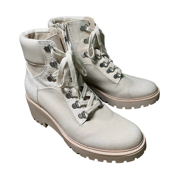 Dolce Vita Hank‎ Canvas Chunky Heel Combat Boots Lace Zip Creme Size 8.5 - Picture 1 of 10